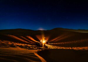 People sitting around a campfire in the desert